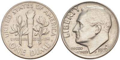 США 10 центов = дайм 1980 P, Рузвельт KM 195a медь плакированная медно-никелем 187-1055