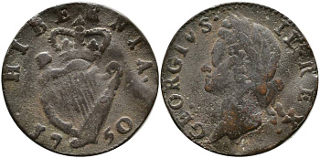 ИРЛАНДИЯ 1/2 ПЕННИ 1750 ГЕОРГ II (1727-1760) KM 130.2 медь 272-431