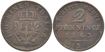 ПРУССИЯ 2 ПФЕННИГА 1863 А, ВИЛЬГЕЛЬМ I (1861-1888) KM 481 медь 201-568