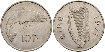 Ирландия 10 пенсов 1971 лосось KM 23 медно-никель 4140-322