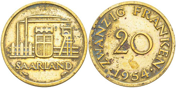 Саарланд 20 франков 1954 KM 2 алюминиевая бронза 51-3347