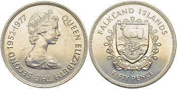 Фолклендские острова 50 пенсов 1977 серебряный юбилей правления королевы Елизаветы II (1952-1977), герб KM 10 медно-никель  UNC  107-924
