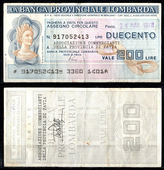 Италия чек 200 лир 1978 бумага 2198-17-2-2