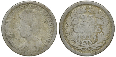 Нидерланды 25 центов 1914 Вильгельмина (1890-1948) KM 146  серебро 72-1713