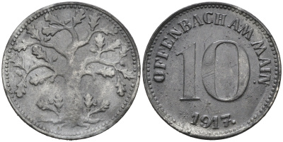 ОФЕНБАХ-НА-МАЙНЕ 10 ПФЕННИГОВ 1917 НОТГЕЛЬД железо 75-1548
