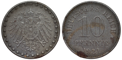 Германия 10 пфеннигов 1921 A KM 20, J. 298 железо 4119-137