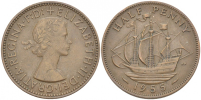 Великобритания 1/2 пенни 1955 Елизавета II (1952-2022) KM 896, Spink 4158 бронза 212-1224