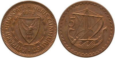 Кипр 5 милей 1973 KM 39 бронза 4573-636