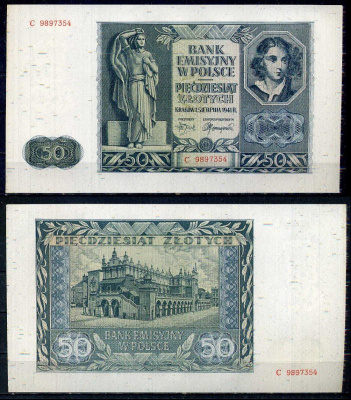 Польша 50 злотых 1941 Фермер, статуя женщины, Эмили Платер Pick 102 (1) бумага UNC (пресс) 6317-17-3-2