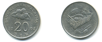 Малайзия 20 сенов 2002 цветок KM 52 медно-никель 176-1021