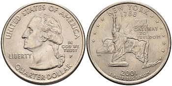 США 25 центов = квотер 2001 Р, серия штаты США, Нью-Йорк KM 318 медь плакированная медно-никелем 4586-151