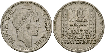 Франция 10 франков 1948 тип Пьер Турин KM 909.1, Le Franc 362.3 медно-никель 4120-1226
