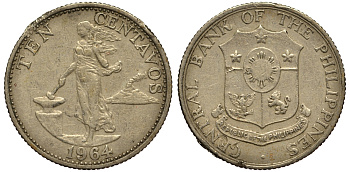 ФИЛИППИНЫ 10 СЕНТИМО 1964 KM 188 медь цинк никель VG 4181-314