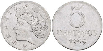 Бразилия 5 сентаво 1969  голова свободы влево KM 577.2, Schon 82a нержавеющая сталь 58-446