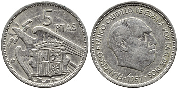 ИСПАНИЯ 5 ПЕСЕТ 1957 (58) ФРАНСИСКО ФРАНКО ДИКТАТОР ИСПАНИИ (1939-1975) KM 786 медно-никель 4393-232