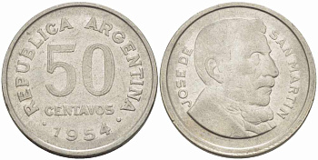 Аргентина 50 сентаво 1954 генерал Хосе де Сан Мартин KM 49 сталь плакированная никелем 108-1156
