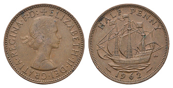 Великобритания 1/2 пенни 1962 Елизавета II (1952-2022) KM 896, Spink 4158 бронза 4662-1214
