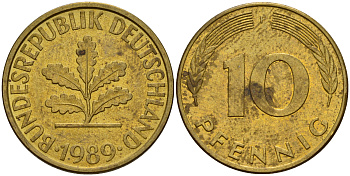 ФРГ 10 пфеннигов 1989 F J. 383, KM 108 сталь плакированная латунью    4603-621