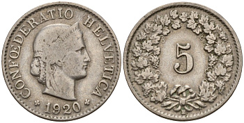 Швейцария 5 раппенов 1920 B KM 26 медно-никель 4189-322