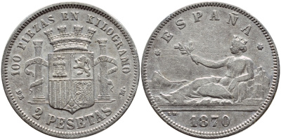 Испания 2 песеты 1870 (74) DE-M KM 654 серебро серебро 443-623