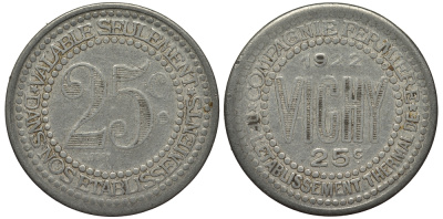 ФРАНЦИЯ 25 САНТИМОВ 1922 ТОКЕН VICHI алюминий 1516-1645