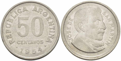 Аргентина 50 сентаво 1954 генерал Хосе де Сан Мартин KM 49 сталь плакированная никелем 108-1156