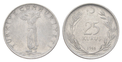 Турция 25 курушей 1961 KM 892.2 нержавеющая сталь 4706-1116