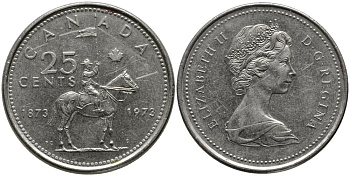 Канада 25 центов 1973 100 лет канадской горной полиции (1873-1973), Елизавета II (1952-2022) KM 81 никель 3336-247