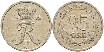 ДАНИЯ 25 ЭРЕ 1962 С; S, ФРЕДЕРИК IX (1947-1972) KM 850 медно-никель 67-1241