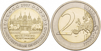 ФРГ 2 евро 2007 D, серия федеральные земли, Мекленбург-Передняя Померания, Шверинский замок KM 260 биметалл UNC 1094-6-64