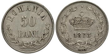 Румыния 50 бани 1873 b, Кароль I как принц (1866-1881) KM 9 серебро 441-1441