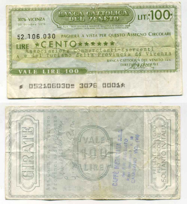 Италия чек на 100 лир 1976 Banca cattolica del veneto, ассоциация торговых участников и туризма провинции vicenza, 20 октября 1976 бумага 8588-14-4-1