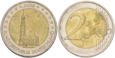 ФРГ 2 евро 2008 D, серия федеральные земли, церковь Св. Михаила в Гамбурге KM 261 биметалл 4556-743