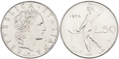 ИТАЛИЯ 50 ЛИР 1974 R КУЗНЕЦ KM 95.1 сталь 3996-832