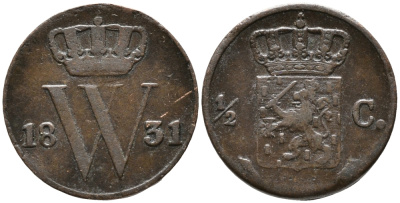 НИДЕРЛАНДЫ 1/2 ЦЕНТА 1831 ВИЛЬГЕЛЬМ I (1815-1840) KM 51 медь 100-559