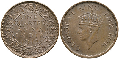 Британская Индия 1/4 анна 1942 Георг VI (1937-1952) KM 531 бронза aUNC 4364-2741