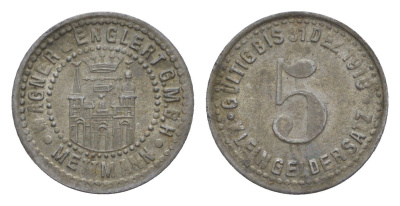 Меттман 5 пфеннигов 1918 Wagner and Englert G.M.B.H. Men05 16676.1, Men18 20934.1 цинк 4639-161