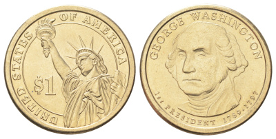 США 1 доллар 2007 Президент США - Джордж Вашингтон (1789-1797) KM 401 медь с марганцево-латунным покрытием UNC 4666-941