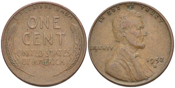 США 1 ЦЕНТ 1952 D, ЛИНКОЛЬН KM А132 медь цинк 218-618