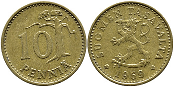 ФИНЛЯНДИЯ 10 ПЕННИ 1969 S KM 46 алюминиевая бронза 75-1631