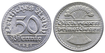 ГЕРМАНИЯ 50 ПФЕННИГОВ 1921 D KM 27, J. 301 алюминий 4380-836