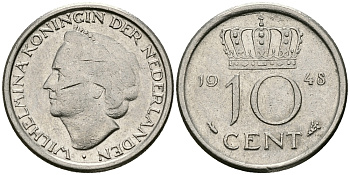 Нидерланды 10 центов 1948 Вильгельмина (1895-1948) KM 177 никель 96-535