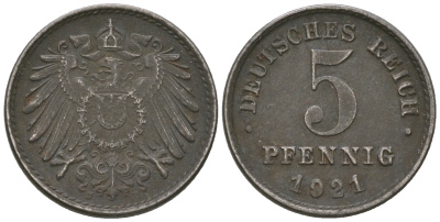 Германия 5 пфеннигов 1921 J KM 19, J. 297, Weege 5 железо 4615-1262