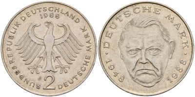 ФРГ 2 марки 1988 J, Франц Йозеф Штраус, 40 лет Федеративной Республике (1949-1989) KM 175, J. 450 медно-никель плакированный никелем 4157-341