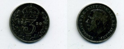 Великобритания 3 пенса 1920 Георг V (1910-1936), пограничный год KM 813 или 813a, Spink 4015 или 4026 серебро 46-1132