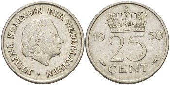 НИДЕРЛАНДЫ 25 ЦЕНТОВ 1950 ЮЛИАНА KM 183 никель 66-831
