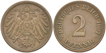 ГЕРМАНИЯ 2 ПФЕННИГА 1907 A KM 16, J. 11, Weege 4 медь 212-326