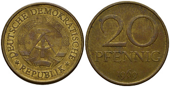ГДР 20 пфеннигов 1969 A, первый год KM 11 латунь 4601-532
