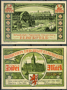 Германия, Эльберфельд 2 марки 1922 нотгельд, городские виды, зеленая Mehl 324.1 бумага UNC (пресс) 00-00-00