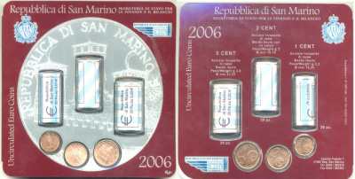 Сан-Марино официальный набор 2006 21 комплект 1, 2, 5 евроцентов, в запайке UNC 1-5-3-14